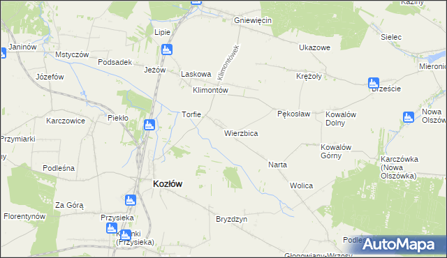 mapa Wierzbica gmina Kozłów, Wierzbica gmina Kozłów na mapie Targeo