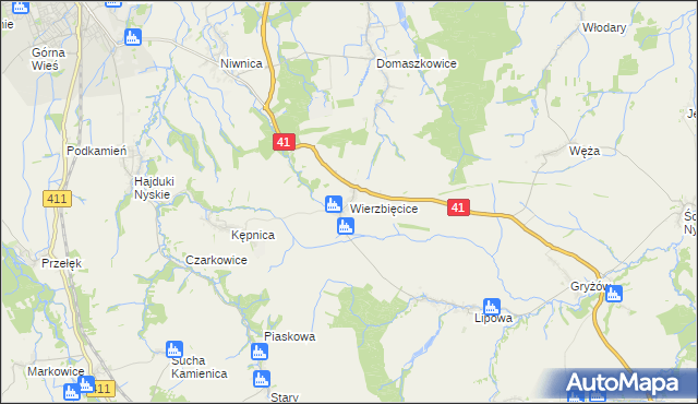 mapa Wierzbięcice gmina Nysa, Wierzbięcice gmina Nysa na mapie Targeo