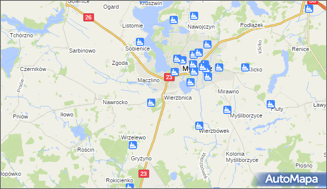 mapa Wierzbnica gmina Myślibórz, Wierzbnica gmina Myślibórz na mapie Targeo