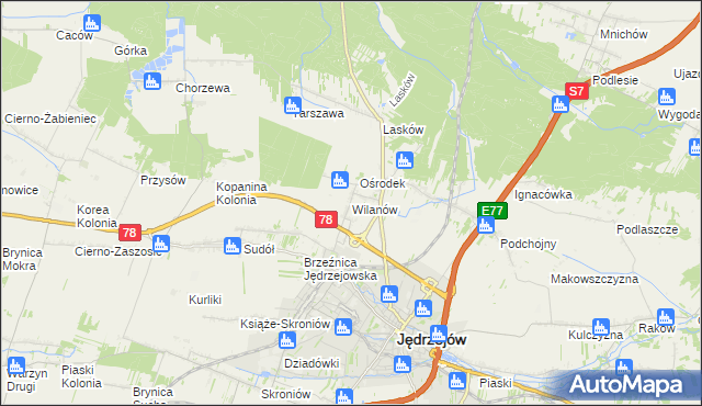 mapa Wilanów gmina Jędrzejów, Wilanów gmina Jędrzejów na mapie Targeo