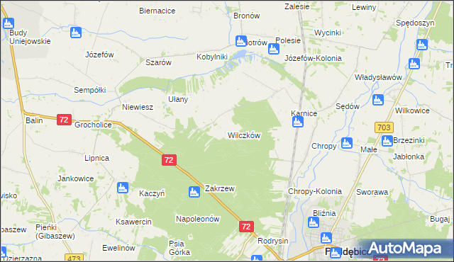 mapa Wilczków gmina Poddębice, Wilczków gmina Poddębice na mapie Targeo