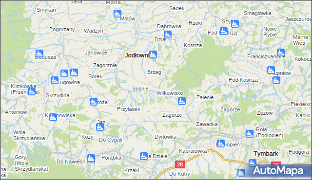 mapa Wilkowisko gmina Jodłownik, Wilkowisko gmina Jodłownik na mapie Targeo