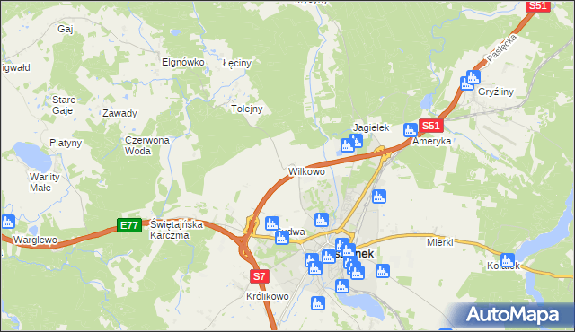 mapa Wilkowo gmina Olsztynek, Wilkowo gmina Olsztynek na mapie Targeo