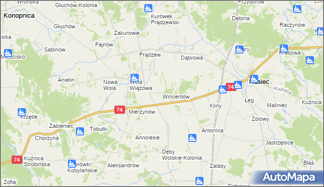 mapa Wincentów gmina Rusiec, Wincentów gmina Rusiec na mapie Targeo