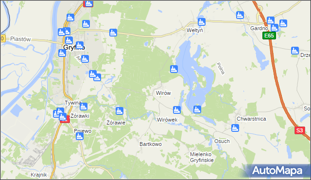 mapa Wirów gmina Gryfino, Wirów gmina Gryfino na mapie Targeo