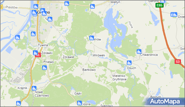 mapa Wirówek gmina Gryfino, Wirówek gmina Gryfino na mapie Targeo