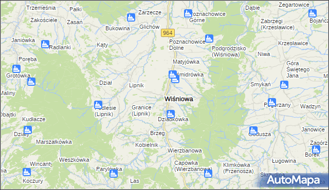 mapa Wiśniowa powiat myślenicki, Wiśniowa powiat myślenicki na mapie Targeo