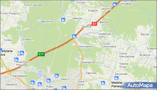 mapa Wiśniówka gmina Masłów, Wiśniówka gmina Masłów na mapie Targeo