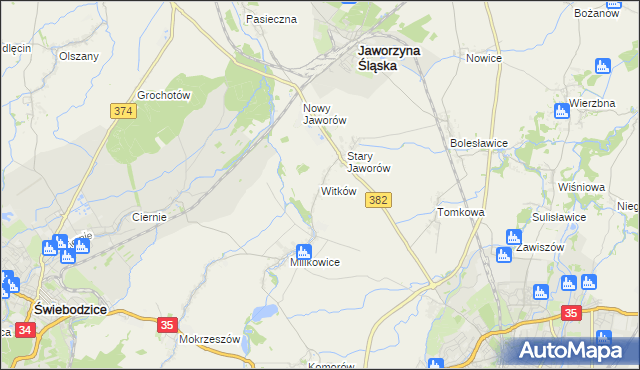 mapa Witków gmina Jaworzyna Śląska, Witków gmina Jaworzyna Śląska na mapie Targeo