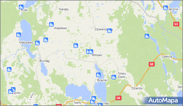 mapa Witowo gmina Jedwabno, Witowo gmina Jedwabno na mapie Targeo