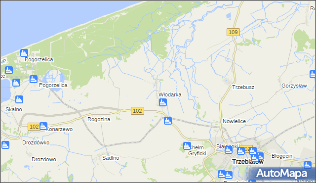 mapa Włodarka gmina Trzebiatów, Włodarka gmina Trzebiatów na mapie Targeo