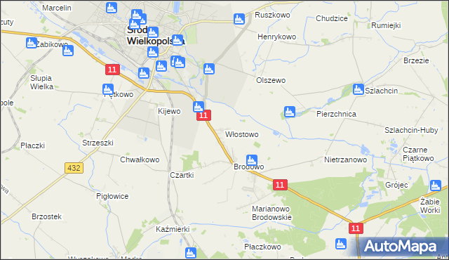 mapa Włostowo gmina Środa Wielkopolska, Włostowo gmina Środa Wielkopolska na mapie Targeo