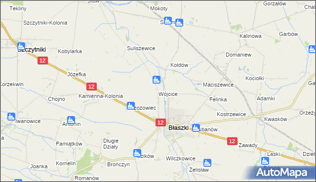 mapa Wójcice gmina Błaszki, Wójcice gmina Błaszki na mapie Targeo