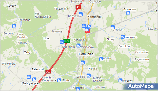 mapa Wojciechów gmina Gomunice, Wojciechów gmina Gomunice na mapie Targeo
