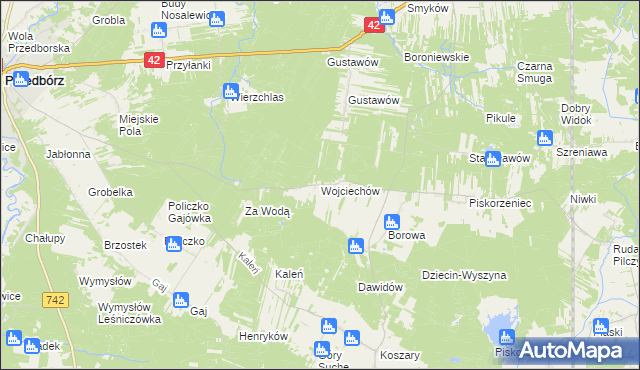 mapa Wojciechów gmina Przedbórz, Wojciechów gmina Przedbórz na mapie Targeo