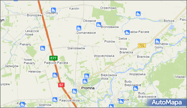 mapa Wojciechówka gmina Promna, Wojciechówka gmina Promna na mapie Targeo