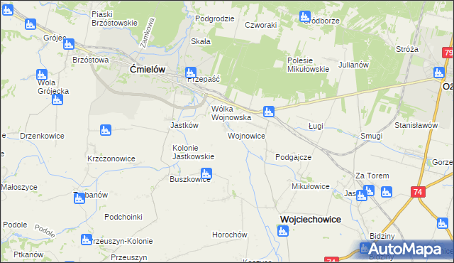 mapa Wojnowice gmina Ćmielów, Wojnowice gmina Ćmielów na mapie Targeo