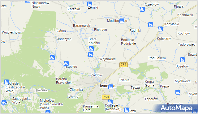 mapa Wojnowice gmina Iwaniska, Wojnowice gmina Iwaniska na mapie Targeo