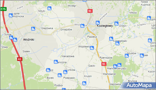 mapa Wojsławice gmina Koziegłowy, Wojsławice gmina Koziegłowy na mapie Targeo