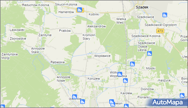 mapa Wojsławice gmina Zduńska Wola, Wojsławice gmina Zduńska Wola na mapie Targeo