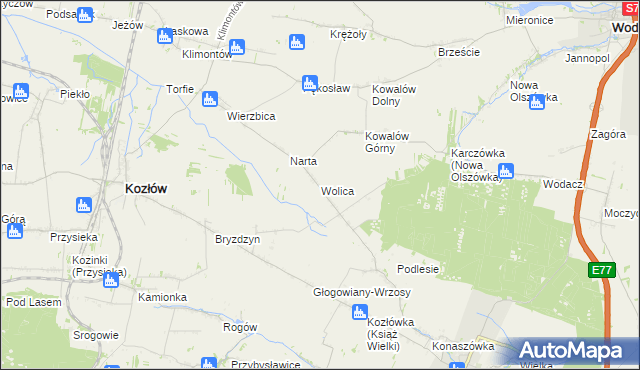 mapa Wolica gmina Kozłów, Wolica gmina Kozłów na mapie Targeo