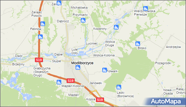 mapa Wolica-Kolonia gmina Modliborzyce, Wolica-Kolonia gmina Modliborzyce na mapie Targeo