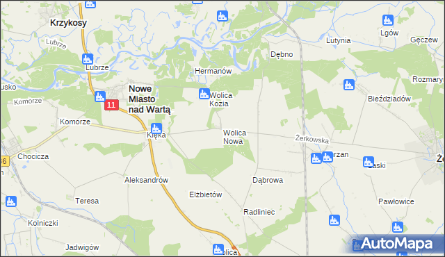 mapa Wolica Nowa gmina Nowe Miasto nad Wartą, Wolica Nowa gmina Nowe Miasto nad Wartą na mapie Targeo