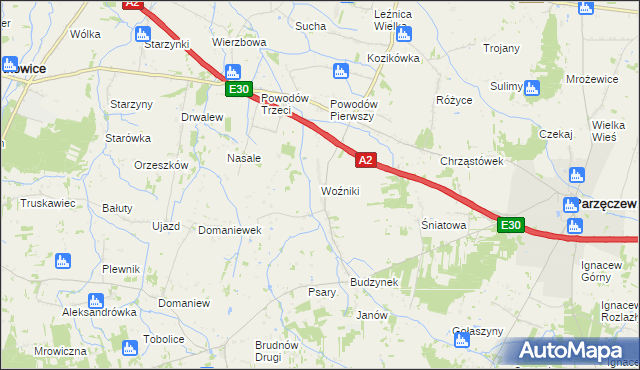 mapa Woźniki gmina Dalików, Woźniki gmina Dalików na mapie Targeo