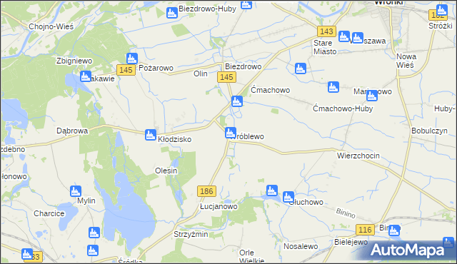 mapa Wróblewo gmina Wronki, Wróblewo gmina Wronki na mapie Targeo