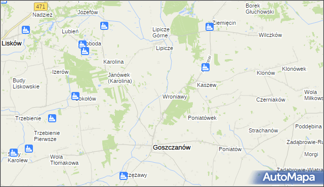 mapa Wroniawy gmina Goszczanów, Wroniawy gmina Goszczanów na mapie Targeo