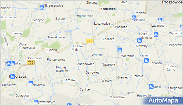 mapa Wronin gmina Koniusza, Wronin gmina Koniusza na mapie Targeo