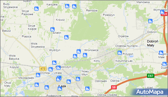 mapa Wronowice gmina Łask, Wronowice gmina Łask na mapie Targeo