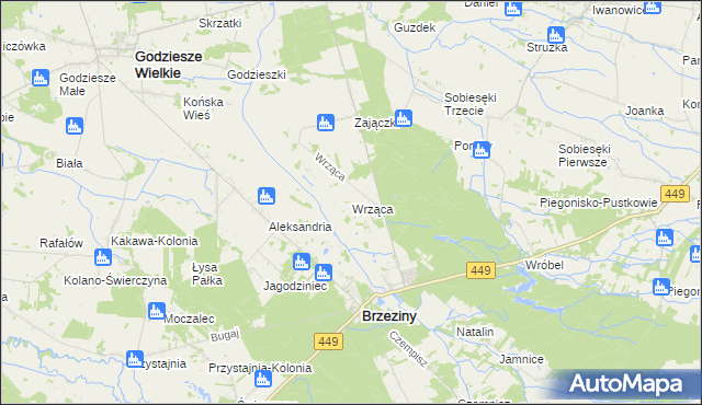 mapa Wrząca gmina Brzeziny, Wrząca gmina Brzeziny na mapie Targeo