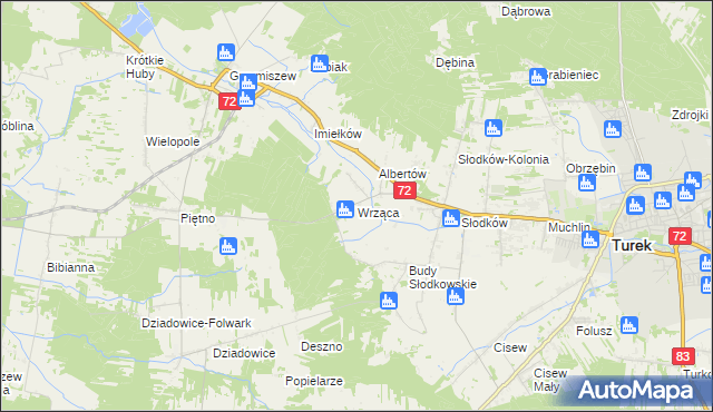 mapa Wrząca gmina Turek, Wrząca gmina Turek na mapie Targeo