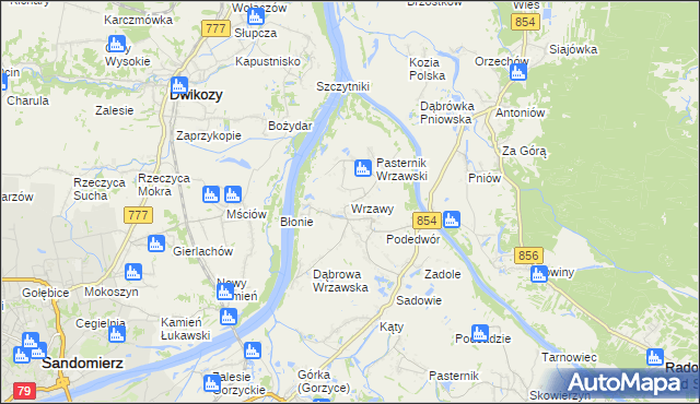 mapa Wrzawy gmina Gorzyce, Wrzawy gmina Gorzyce na mapie Targeo