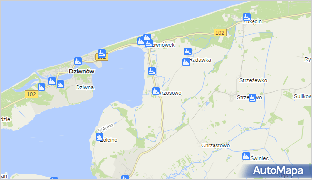 mapa Wrzosowo gmina Kamień Pomorski, Wrzosowo gmina Kamień Pomorski na mapie Targeo