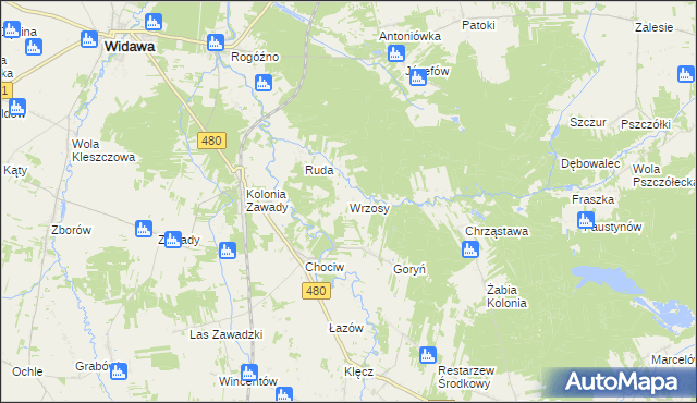 mapa Wrzosy gmina Widawa, Wrzosy gmina Widawa na mapie Targeo