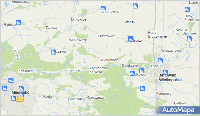 mapa Wybranowo gmina Janowiec Wielkopolski, Wybranowo gmina Janowiec Wielkopolski na mapie Targeo