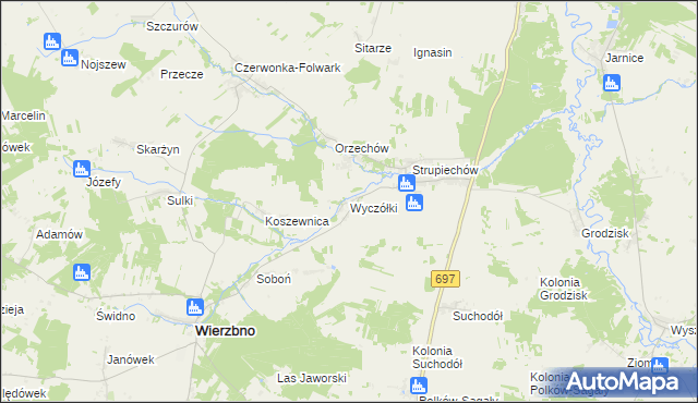 mapa Wyczółki gmina Wierzbno, Wyczółki gmina Wierzbno na mapie Targeo