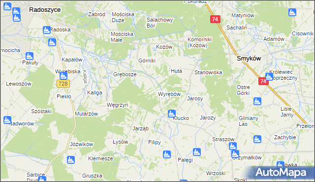 mapa Wyrębów gmina Radoszyce, Wyrębów gmina Radoszyce na mapie Targeo