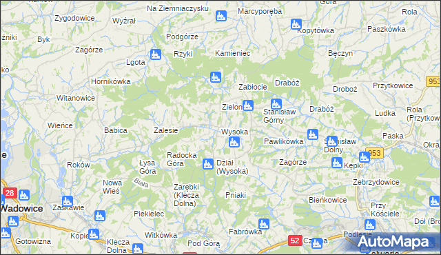 mapa Wysoka gmina Wadowice, Wysoka gmina Wadowice na mapie Targeo