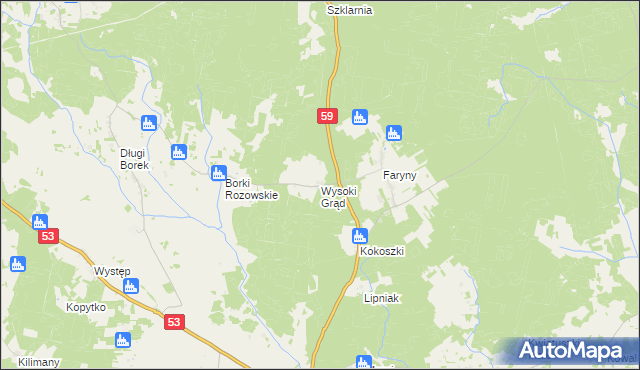 mapa Wysoki Grąd gmina Rozogi, Wysoki Grąd gmina Rozogi na mapie Targeo