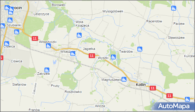 mapa Wyszki gmina Kotlin, Wyszki gmina Kotlin na mapie Targeo