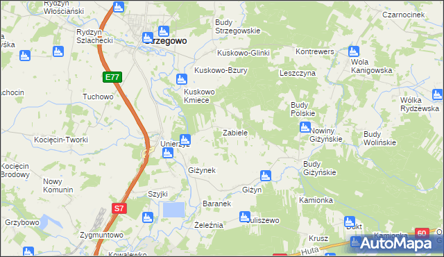 mapa Zabiele gmina Strzegowo, Zabiele gmina Strzegowo na mapie Targeo