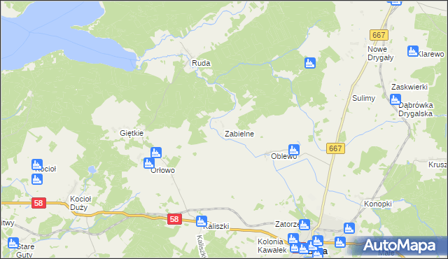 mapa Zabielne gmina Biała Piska, Zabielne gmina Biała Piska na mapie Targeo