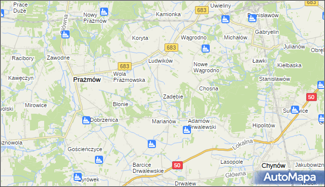 mapa Zadębie gmina Prażmów, Zadębie gmina Prażmów na mapie Targeo