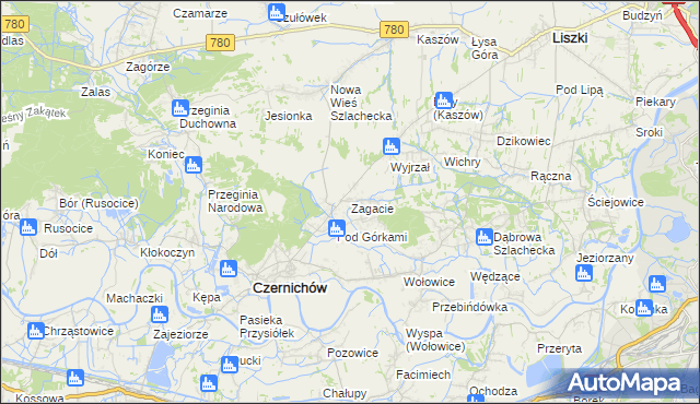 mapa Zagacie gmina Czernichów, Zagacie gmina Czernichów na mapie Targeo