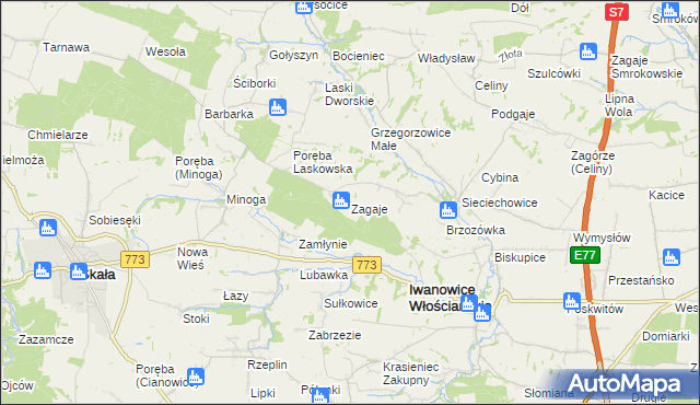 mapa Zagaje gmina Iwanowice, Zagaje gmina Iwanowice na mapie Targeo