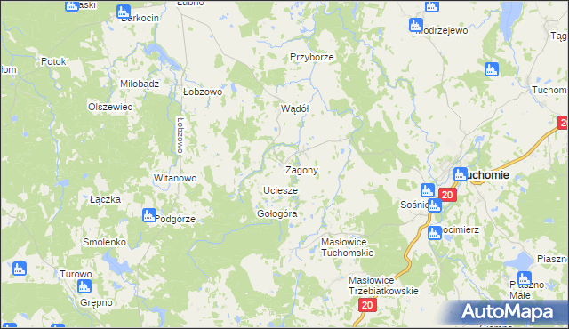 mapa Zagony gmina Tuchomie, Zagony gmina Tuchomie na mapie Targeo