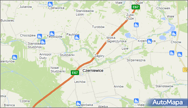 mapa Zagóry gmina Czerniewice, Zagóry gmina Czerniewice na mapie Targeo